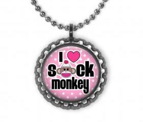 Sock Monkey Love Bottle Cap Necklace