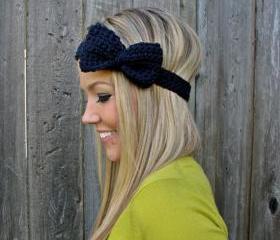 Navy Blue Bow Headband with Natural Vegan Coconut Shell Buttons - Adjustable