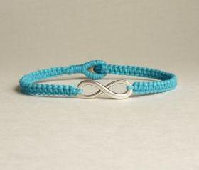 Blue Infinity - Simple Single Silver Infinity Sign/Eight woven with Turquoise Blue Wax Cord Bracelet / Wristband - Customized Bracelet