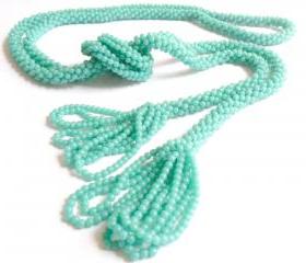 Vintage Rope Beaded Tassel Necklace Teal Blue