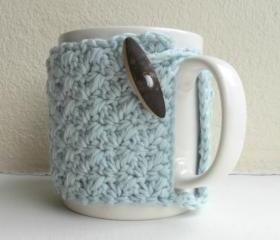 Crochet Mug Cozy Cup Cozy egg shell Blue Yarn wooden toggle