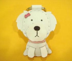 Moli the Maltese with ribbon bow Leather Charm ( White )