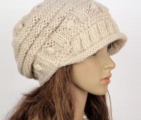 Slouchy woman handmade knitted hat cap beige