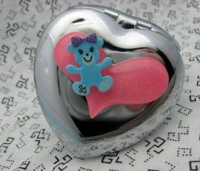 Blue Teddy Bear and Pink Heart Compact Mirror 