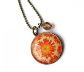 Antique Bronze Orange Flower Brown Crystal Glass Pendant Necklace Cell Phone Dust Plug