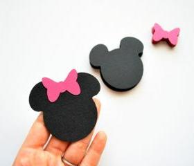 50 Minnie Mouse die cut ( 2.5 inches) in black with hot pink bow A259