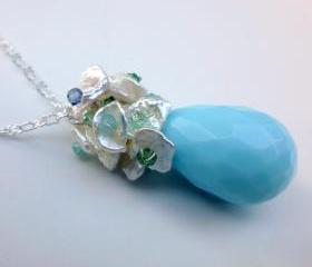  Faceted Sky Blue Glass Teardrop Keishi Pearl Swarovski Crystal Necklace Silver Chain