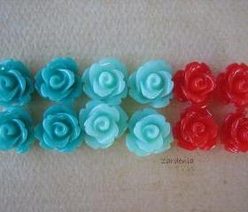 12PCS - Mini Rose Flower Cabochons - 10mm - Resin - Mint Cherry - Cabochons by ZARDENIA