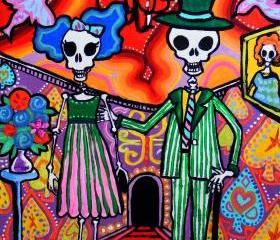 Day of the Dead Wedding Couple - mexican folk art print - Calavera Party