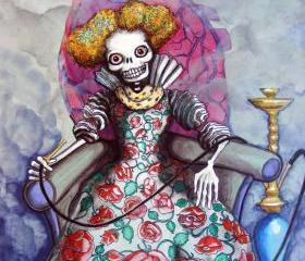 Hookah! Tattoo Flash meets day of the dead Calavera in a Twist on the Queen of Hearts - 8x10 fine art print