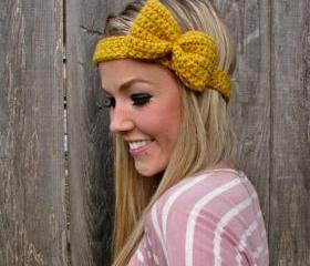 Mustard Bow Headband with Natural Vegan Coconut Shell Buttons - Adjustable