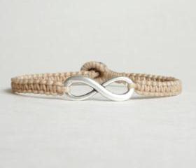 Tan Infinity - Simple Single Silver Infinity Sign/Eight woven with Tan Wax Cord Bracelet / Wristband - Men Jewelry - Unisex 