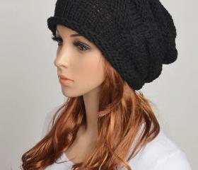 Slouchy woman handmade knitted hat clothing cap Black