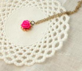 La petite rose, in hot pink and brass, Kids flower necklace