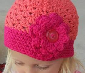 Strawberry Pink and Dark Peach Crochet Hat with Flower