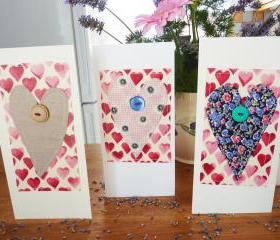 3 Hand stitched fabric heart greetings cards 