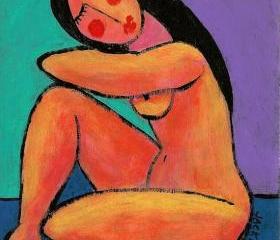 Hand Painted Ceramic Art Tile - Abstract Portrait Painting of Nude Woman
