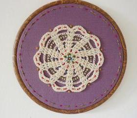 Vintage Doily Hand stitched,Embroidery Hoop Art Wall Hanging
