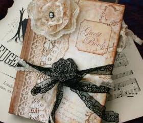  Wedding Guest book - Vintage style in Ivory and Black - Custom 60 pages