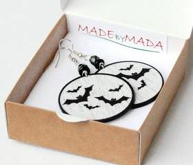 Halloween jewelry black bats Earrings Round Dangle size 4cm Ø, gift for her under 25