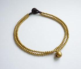 For Anklet - Golden Line - Double Strands of Brass Beads and Bell with Black Wax Cord Anklet - Gift under 10