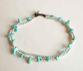 For Anklet - Double Strands of Turquoise Blue Chip Beads and Silver Plated Beads with Wax Cord Anklet - Gift under 10