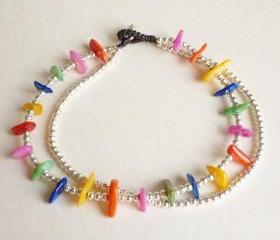 For Anklet - Rainbow and Silver - Double Strands of Colorful Dyed Mother of Pearl Chip Beads and Silver Plated Beads with Wax Cord Anklet