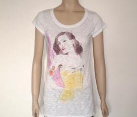 Burlesque girl BURN OUT t shirt - white tee yello corset and purple feather