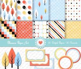 Pine - Clipart - Digital Paper - Light Blue - Yellow - Peach - Printables - 300 dpi - 1347