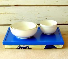  Laptop Lap Desk or Breakfast serving Tray - bright Blue with Indigo Blue Fish print on Creme Fabric