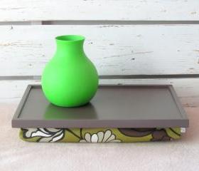  Breakfast serving or Laptop Lap Desk- Greyish Brown with Floral Pillow of Green and Browns