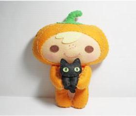 Halloween Pumpkin Kid and Black Cat - doll pattern, felt doll, PDF