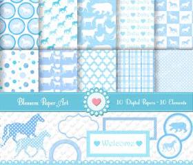Digital Scrapbooking - Light Blue Animals - Baby Showers - 10 Clipart - 10 Digital Papers - Printables - 300dpi - 1340
