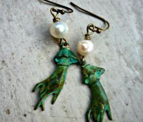 Verdigris Patina Hand Charms & white pearls. seawater pearls, brass ear wires. victorian, edwardian, steampunk, shabby chic.