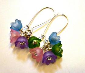 Bell Frosted flowers.Spring & summer jewelry. Flowers and silver Earrings. Pastel colors blue, pink, purple, green.