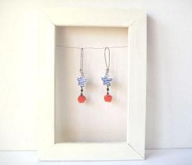 Earrings, blue stripe porcelain stars and red resin rose - Sailor Stripes