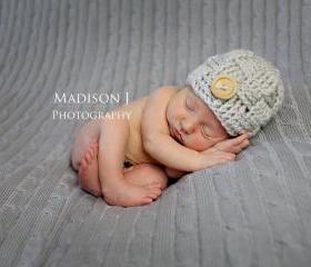 Crochet basketweave beanie in linen for newborn baby boy photography prop - newborn size