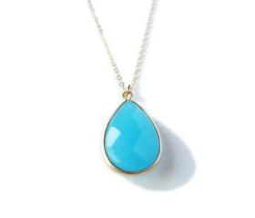 Blue Glass Necklace - Framed Glass - Gold - Ocean Breeze