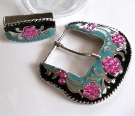 Vintage Belt Buckle Set - Black Aruba Blue