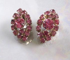 Vintage Pink Marquise Rhinestone Clip Earrings