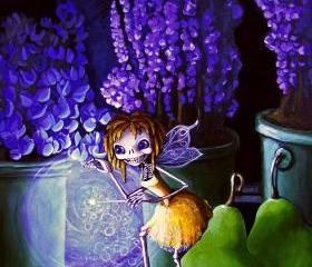 Skeleton Giclee Art Print- Tiny Fairy At Night in the Potting Shed - Calavera Day of the Dead Poster