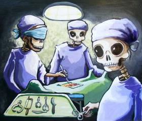 Skeleton Doctors in Surgery - modern medicine - macabre lowbrow day of the dead art print