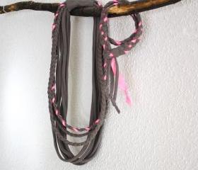 Recycled T-shirt braided necklace. Grey, neon pink. Handmade.