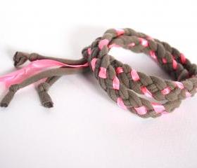 Recycled T-shirt braided adjustable bracelet. Grey, neon pink. Handmade.