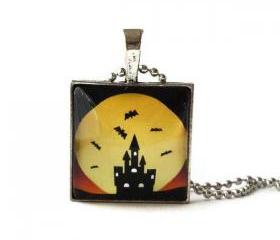 Castle Silhouette Bats Yellow Moon Light Halloween 1 inch Glass Pendant Necklace