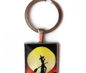Sexy Witch Black Orange Red Silhouette Moon Halloween 1 inch Glass Keychain Zipper Pull