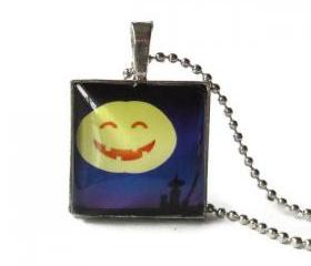 Witch Cat Silhouette Moon Tanning Yellow Pumpkin Moon Halloween Glass Pendant 1 inch Necklace