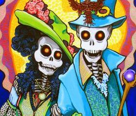 Charming Couple steampunk day of the dead Edwardian / Victorian art print - Psychedelic Colours, Renaissance Costume