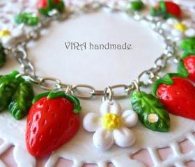 Cute strawberry with leafs and flowers charm bracelet