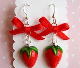 Kawaii cute realistic strawberry with bowknot earrings